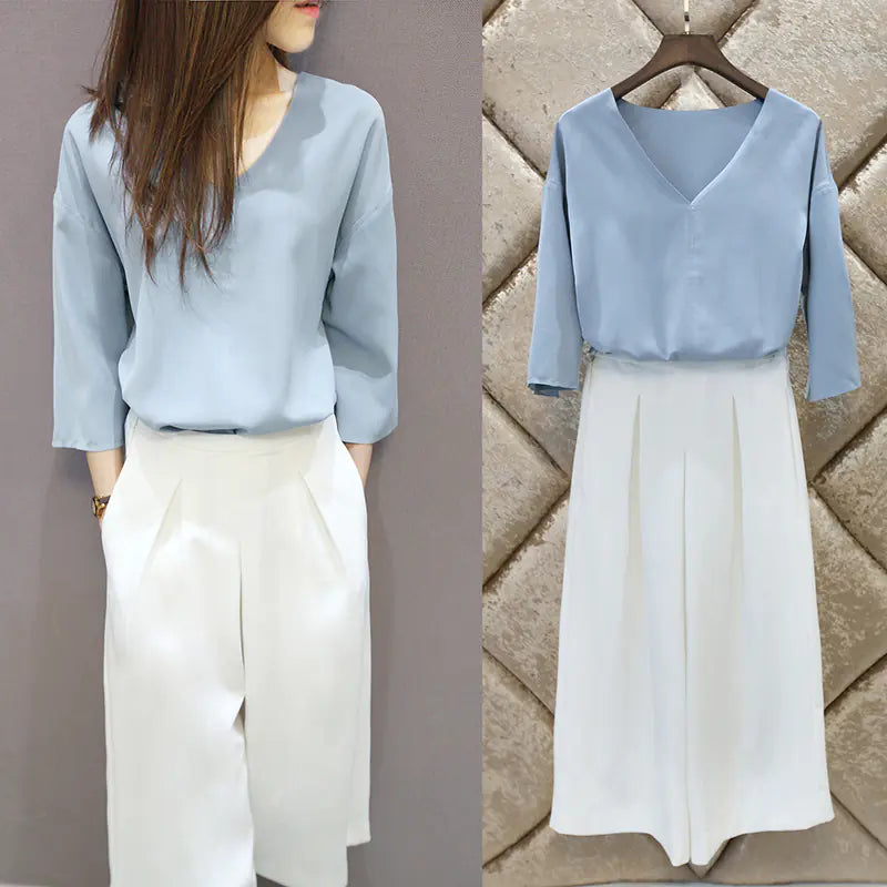 Korean 2020 Summer New Women's Two-Piece Set with Wide Leg Pants